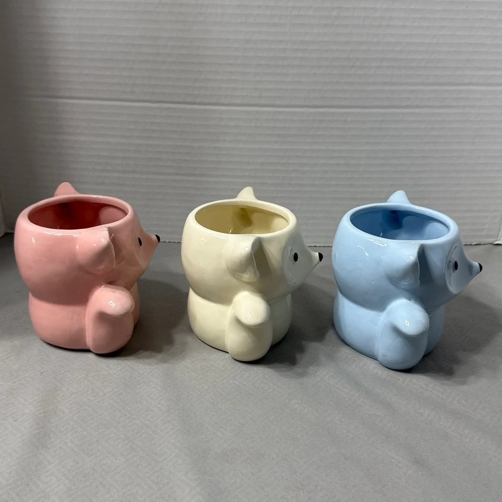 Set of 3 Fox Shaped Ceramic Planters Pink Blue Cream Small Potted or Air Plants